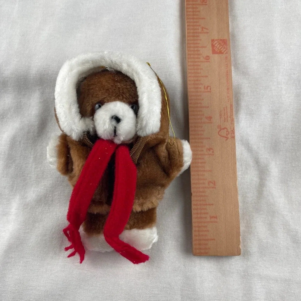 Avon Plush Puppy‎ Tree Ornament Vintage 1984 Brown Bear Red Scarf Hooded Coat